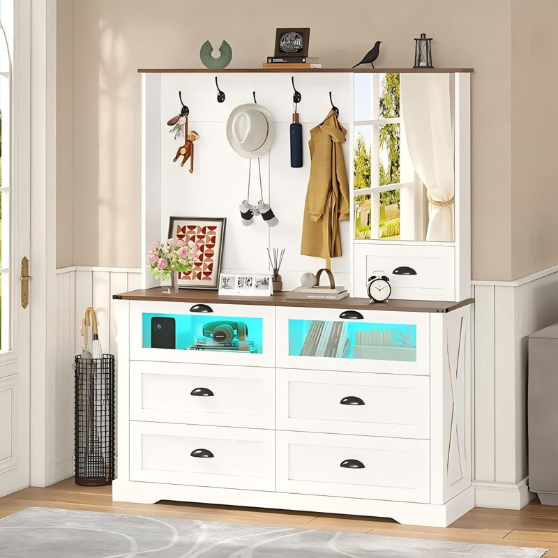 6 Drawer Dresser For Bedroom With Mirror Storage Space 5 Coat Hook Dresser White
